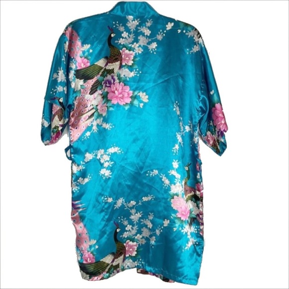 Zhong Sang 100% Satin Silky Kimono Duster Robe Open Front Floral Peacock Design - Picture 2 of 14